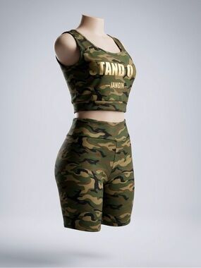 Camo Active Crop Tank & Biker Shorts Set - Olive Green